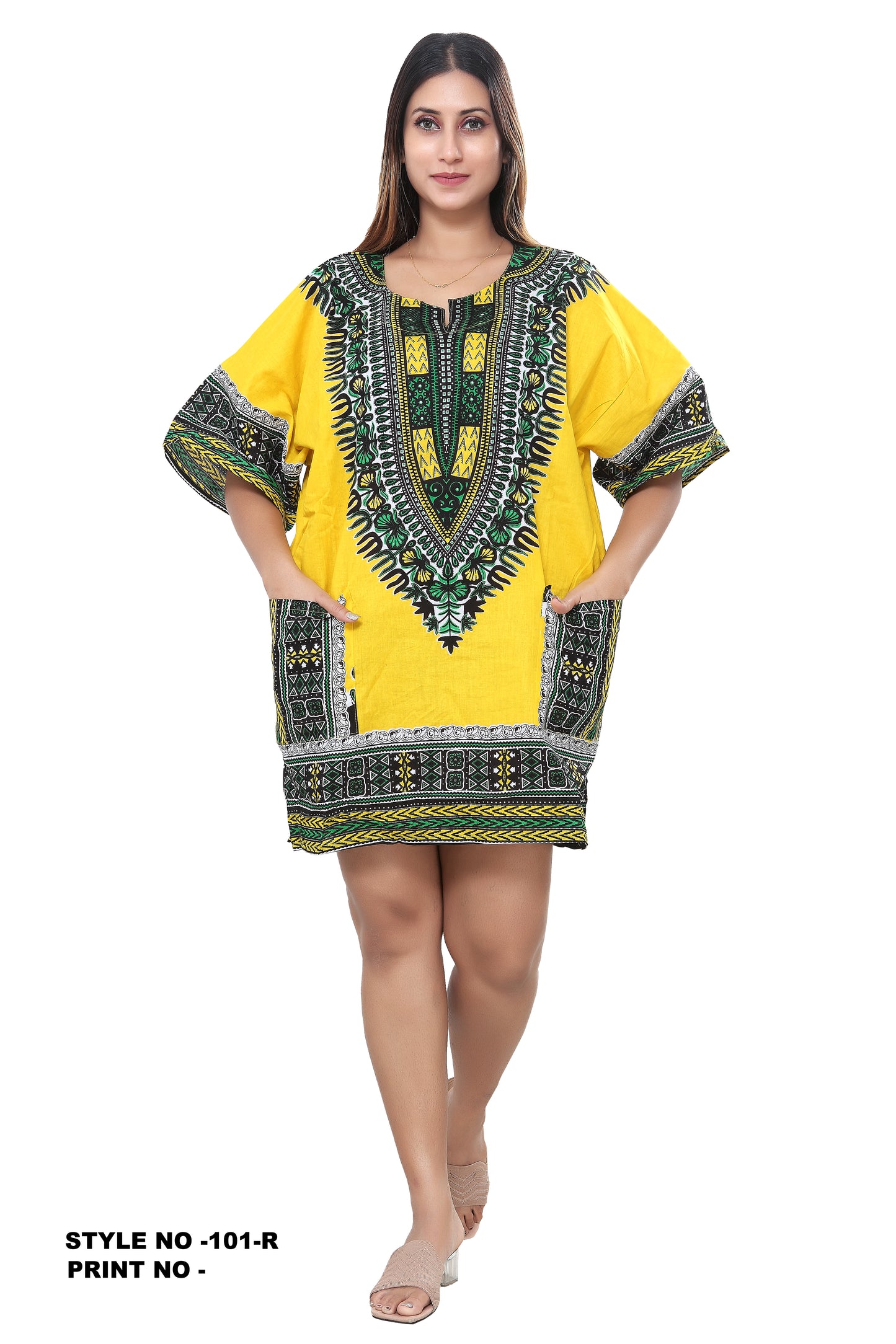 Yellow African Dashiki Tunic Dress - Traditional Print Kaftan Top for Women