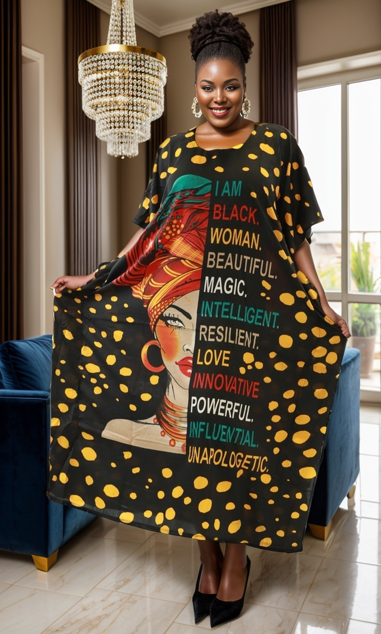 Women's African Print Polka Dot Dashiki Kaftan Dress (Style: 1377)