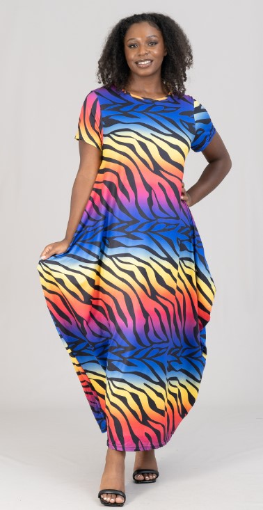Rainbow Zebra Print Cocoon Maxi Dress with Pockets