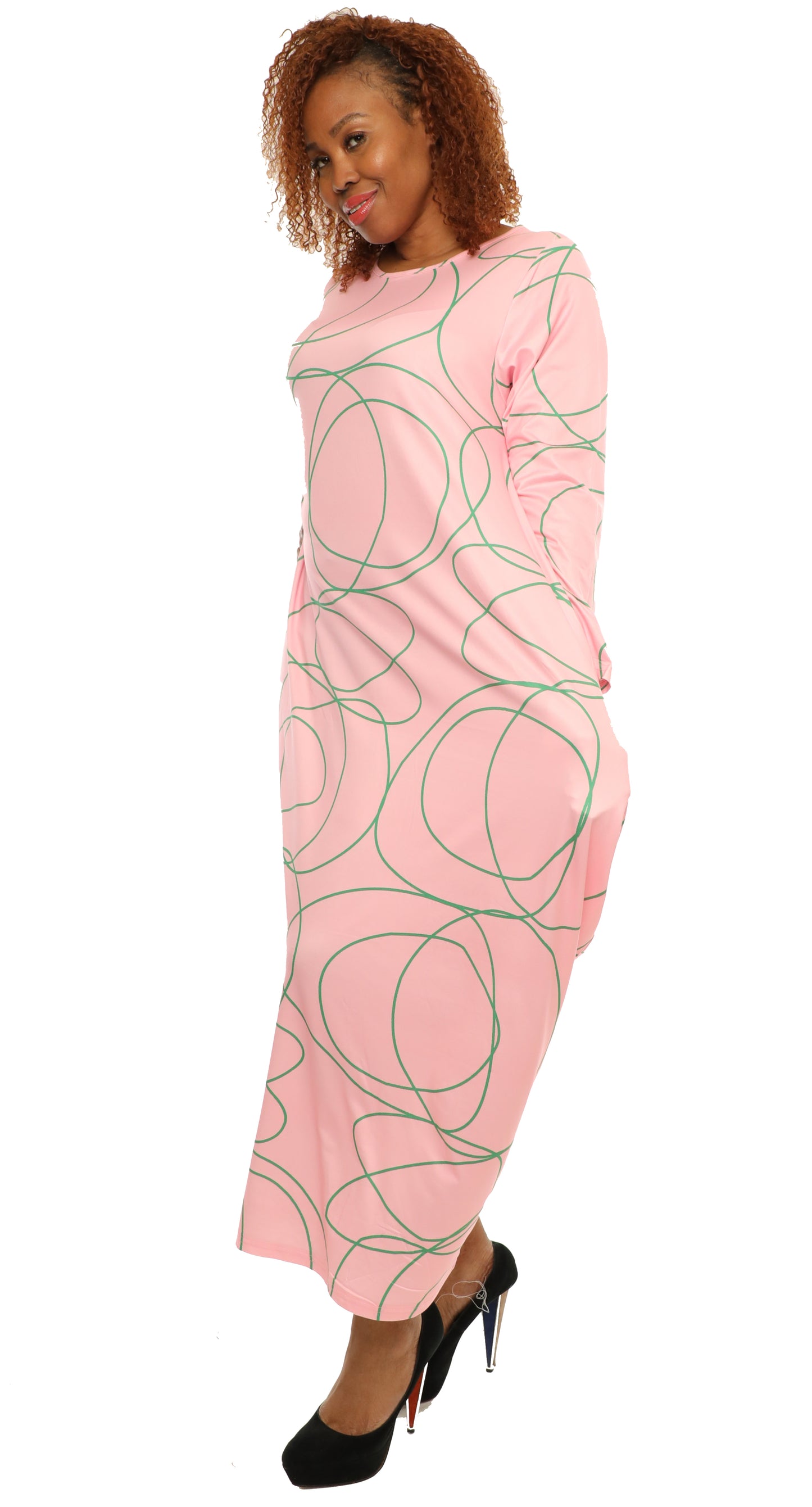 Women's Oversize Loose-Fit Pink Green Digital Print Comfortable Baggy Dress Full Sleeves With Side Pockets - One Size Fits All
