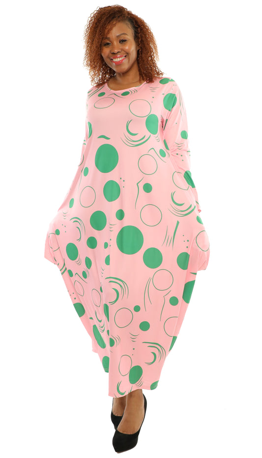 Women's Oversize Loose-Fit Pink Green Digital Print Comfortable Baggy Dress Full Sleeves With Side Pockets - One Size Fits All