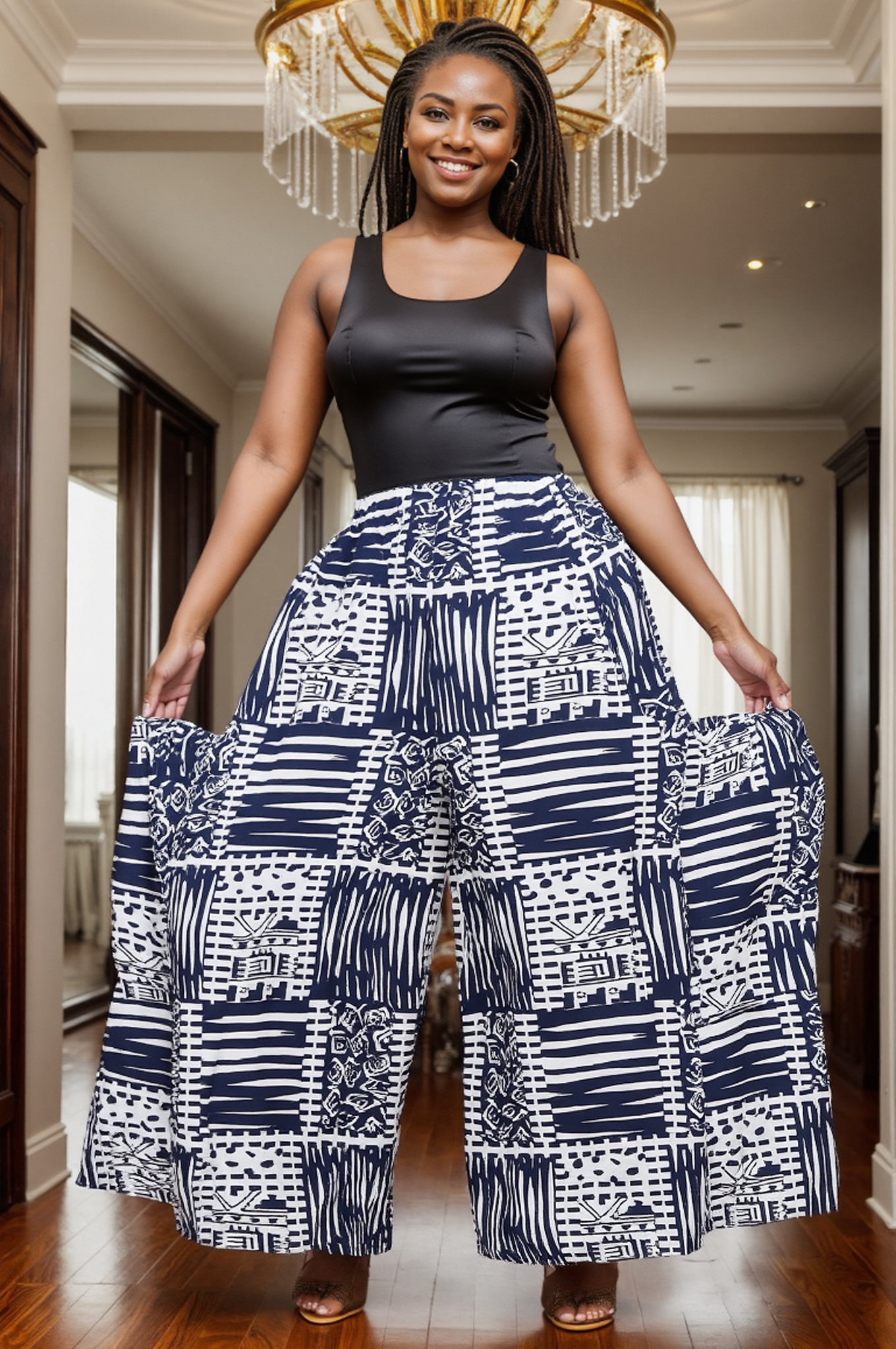 African Print Wide Leg Palazzo Pants - High Waist Geometric Print