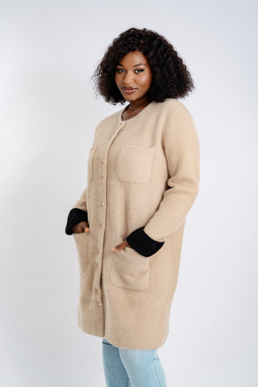 Plus Size Teddy Bear Cardigan Coat with Contrast Cuffs - Long Button-Front Fleece Jacket