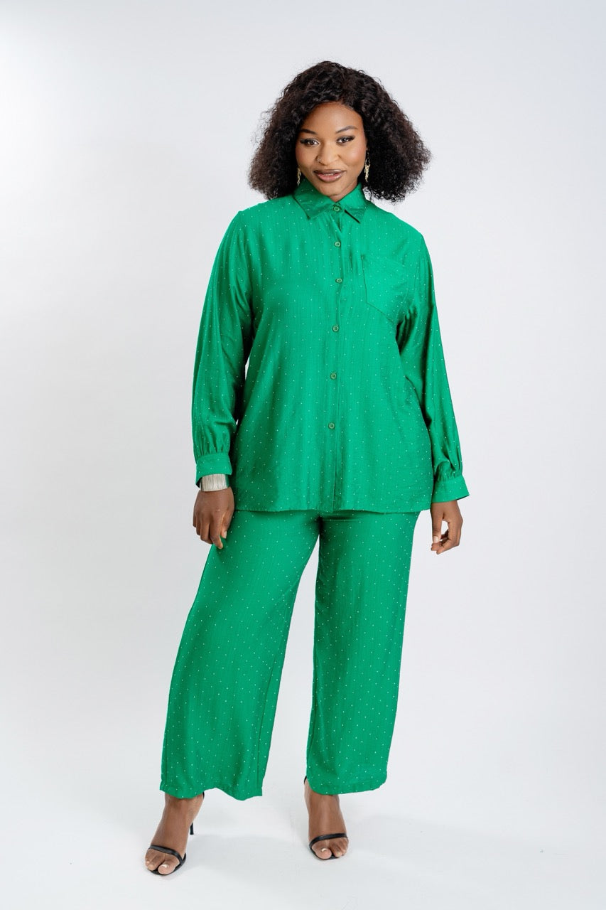 Emerald Green Swiss Dot Matching Set - Long Sleeve Shirt with Tapered Pants