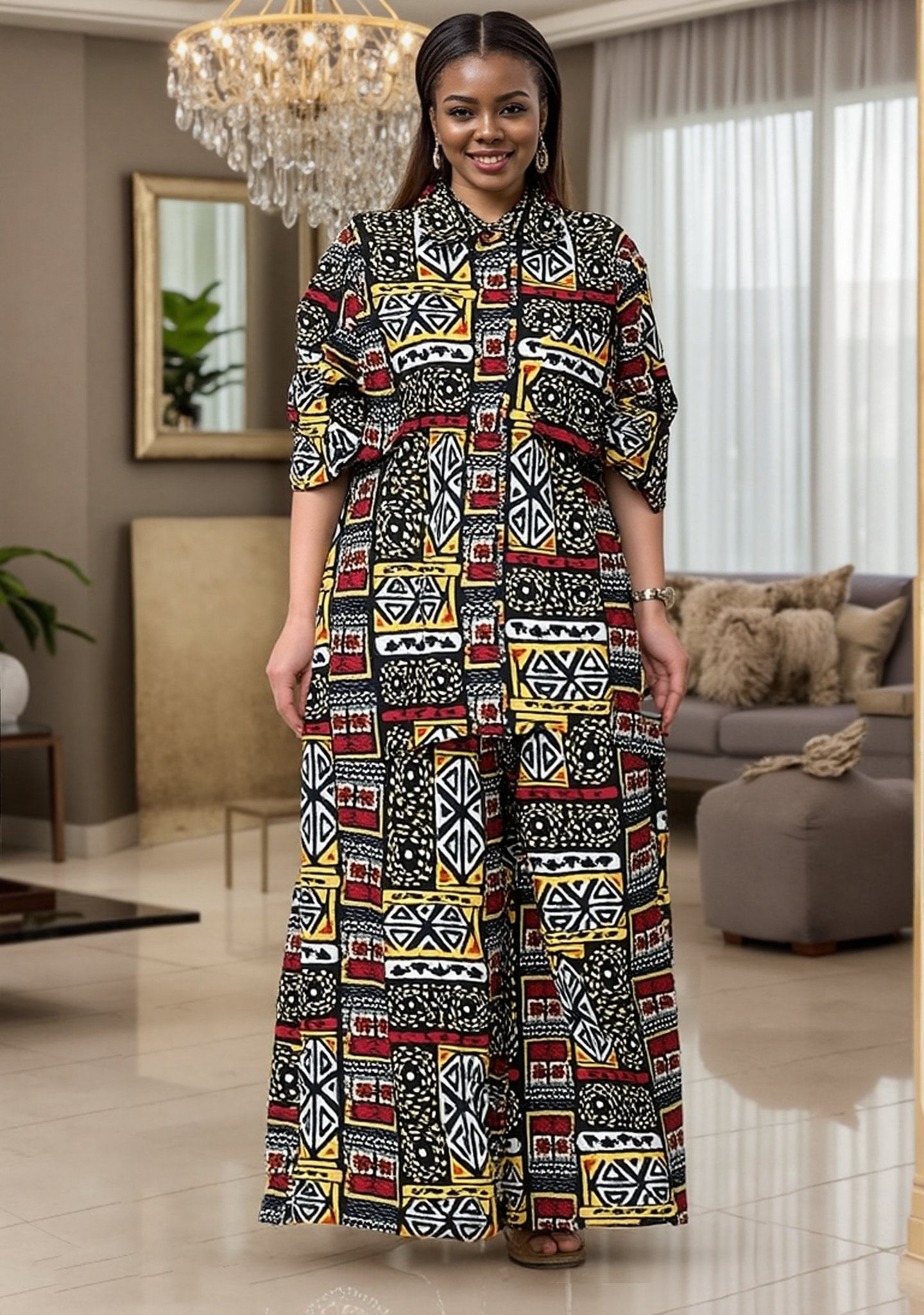 African Print Maxi Shirt Dress Two-Piece Set - Tribal Geometric Pattern