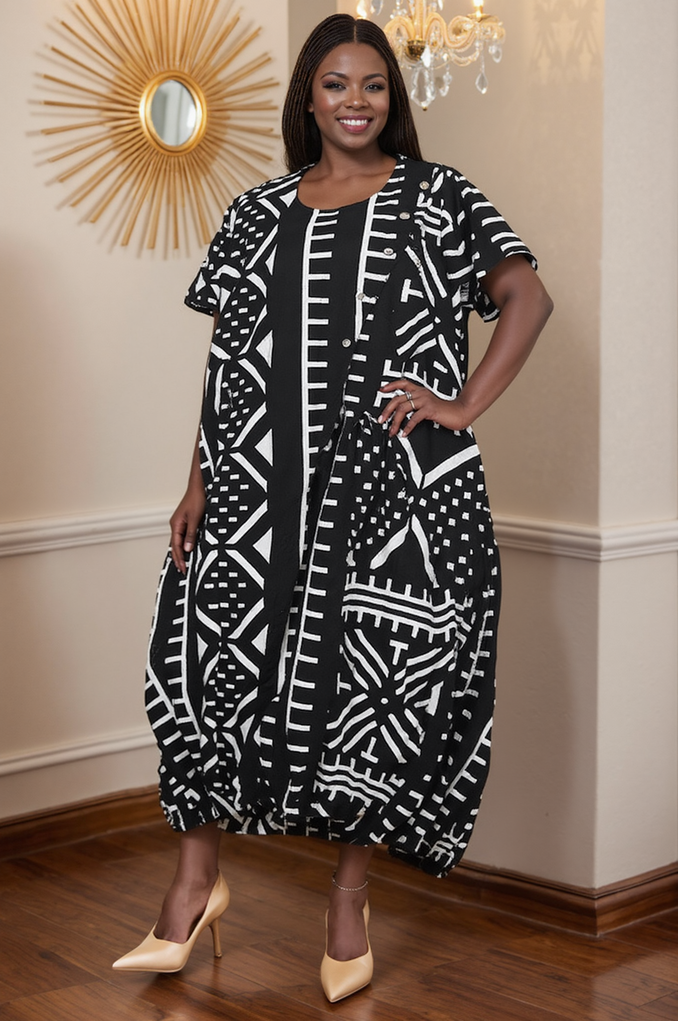 Black and White African Print Maxi Dress with Pockets