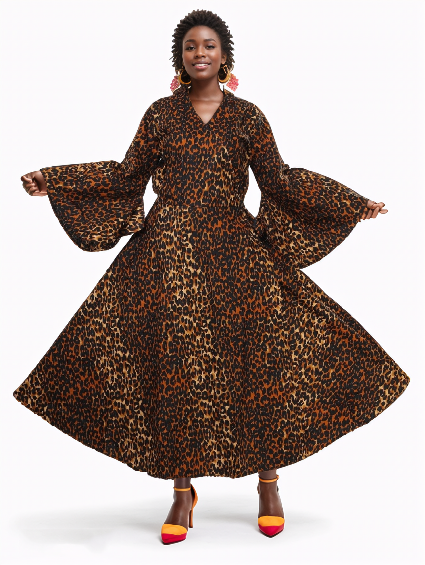 African Print Tiered V-Neck Maxi Wrap Dress (Green/Yellow/Red)