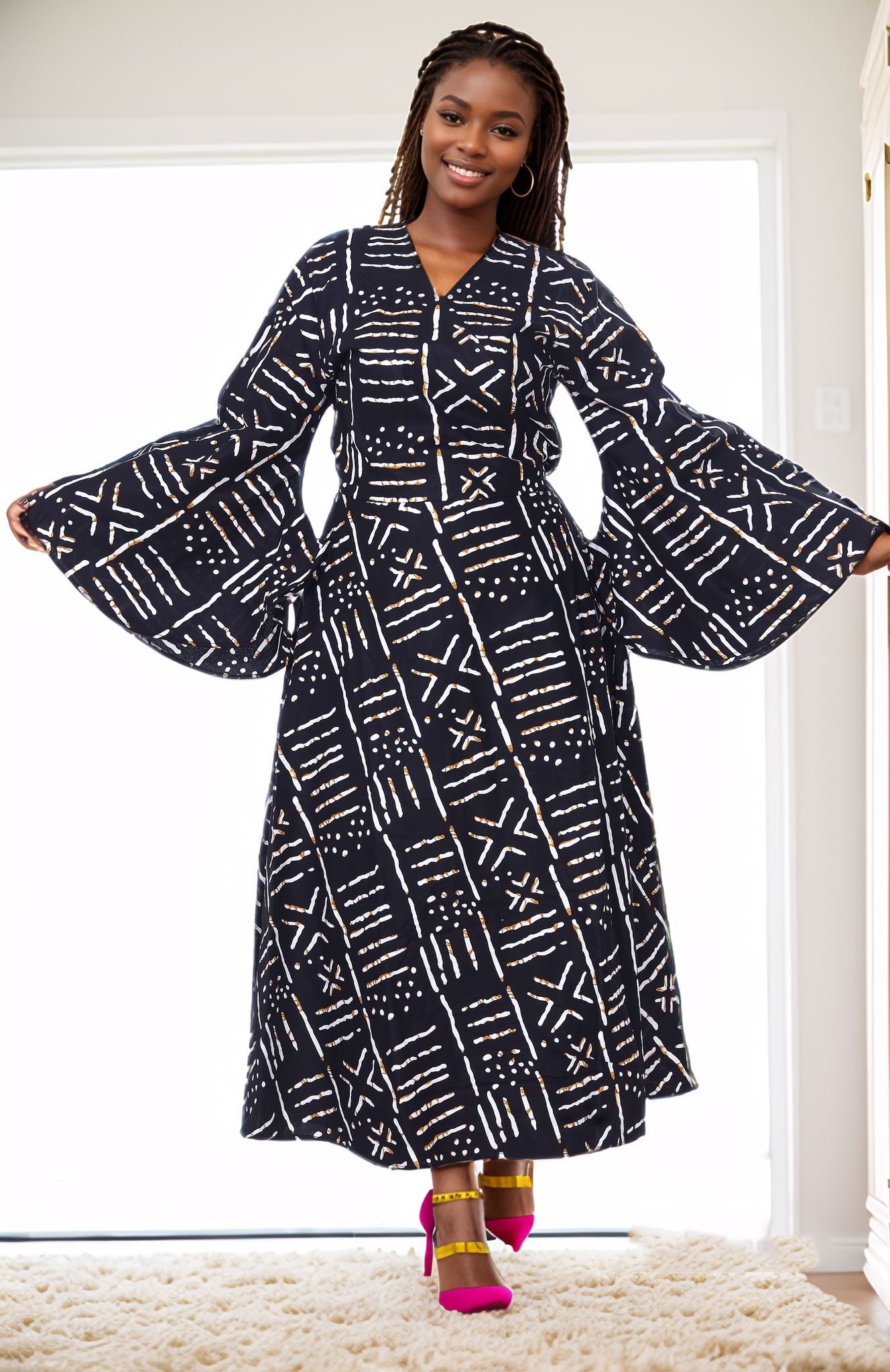 African Print Tiered V-Neck Maxi Wrap Dress (Green/Yellow/Red)