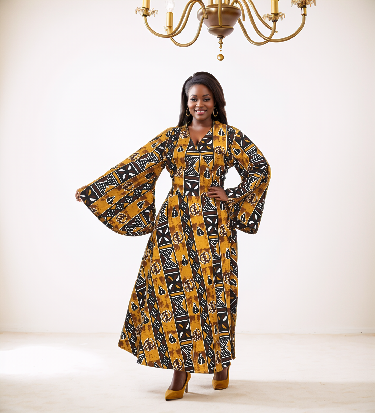 African Print Tiered V-Neck Maxi Wrap Dress (Green/Yellow/Red)