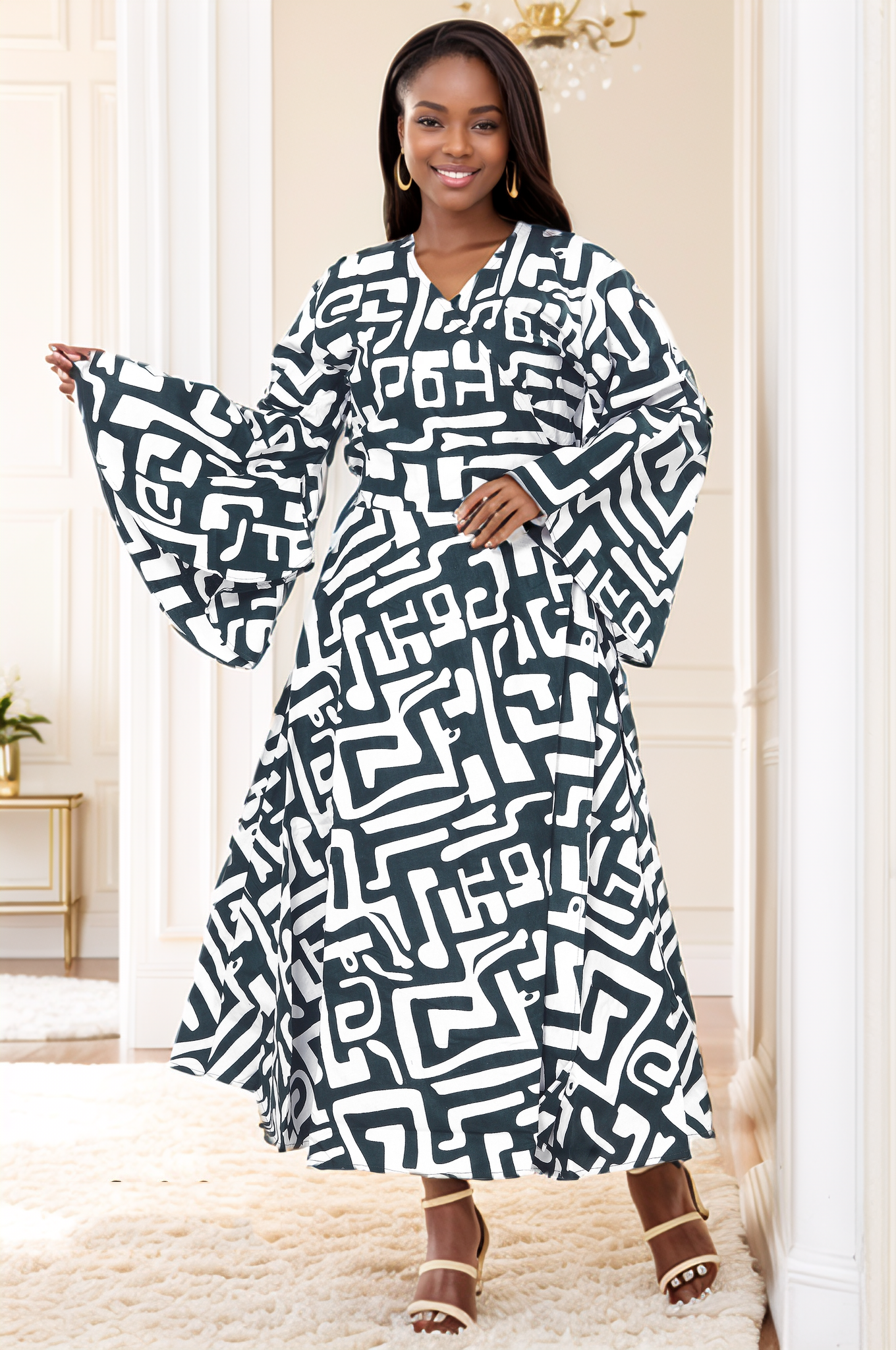 African Print Tiered V-Neck Maxi Wrap Dress (Green/Yellow/Red)
