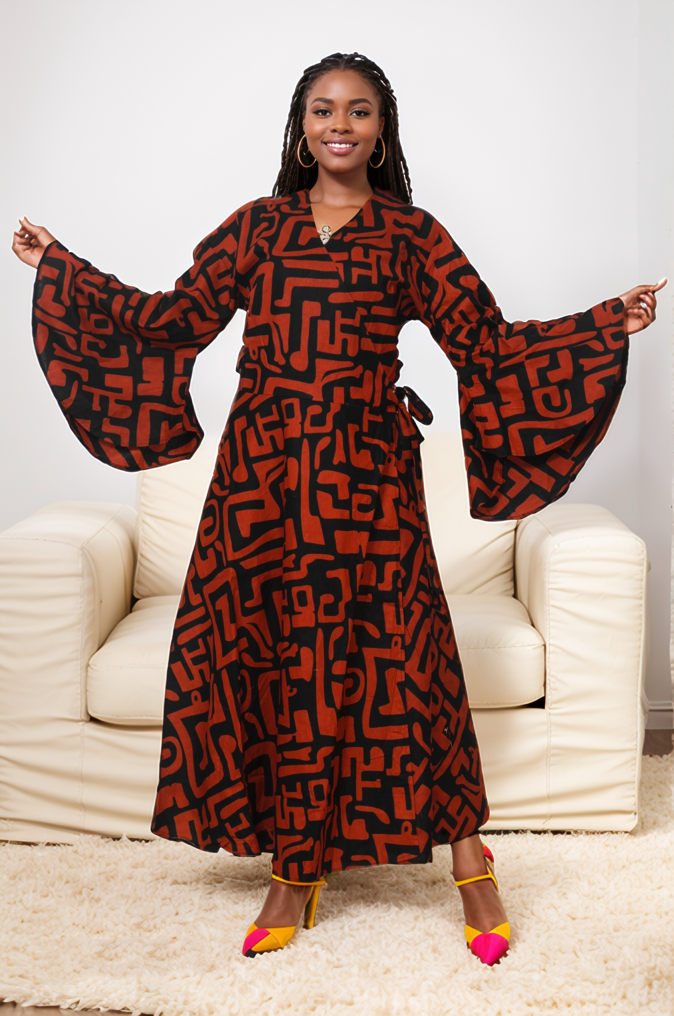 African Print Tiered V-Neck Maxi Wrap Dress (Green/Yellow/Red)