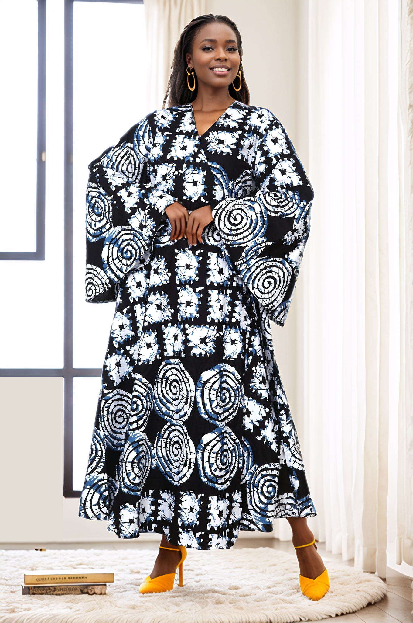 African Print Tiered V-Neck Maxi Wrap Dress (Green/Yellow/Red)