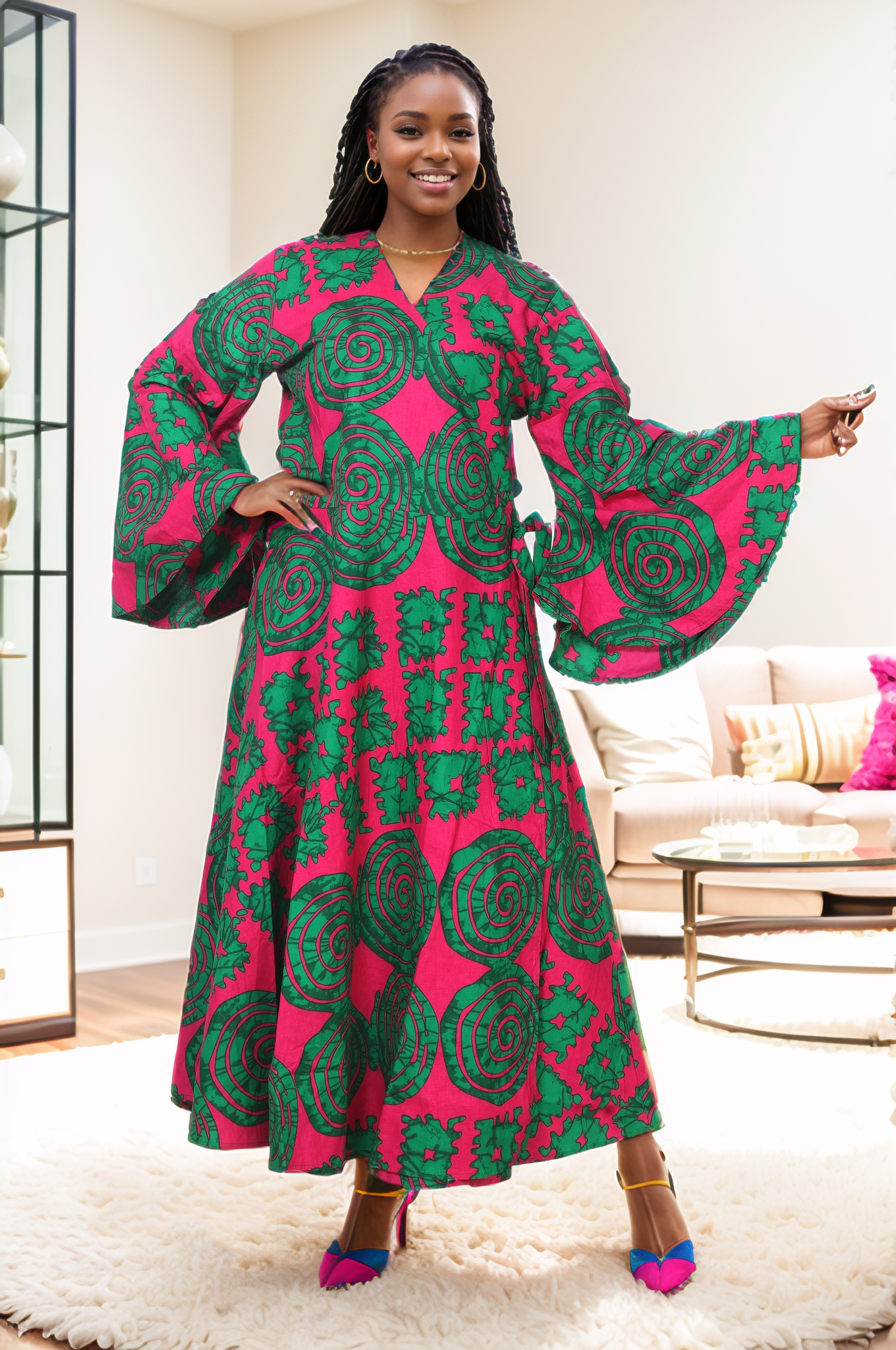 African Print Tiered V-Neck Maxi Wrap Dress (Green/Yellow/Red)