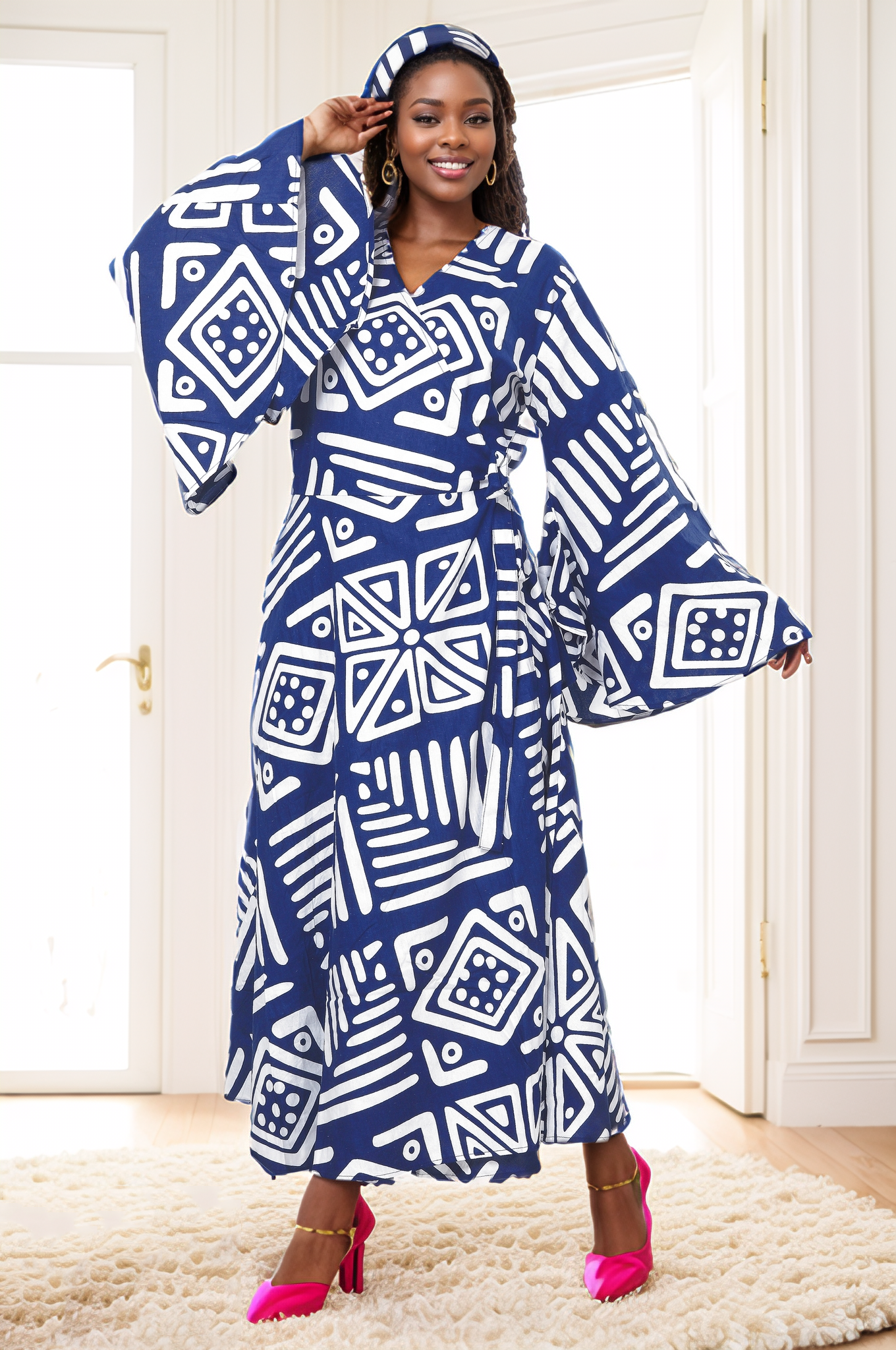 African Print Tiered V-Neck Maxi Wrap Dress (Green/Yellow/Red)