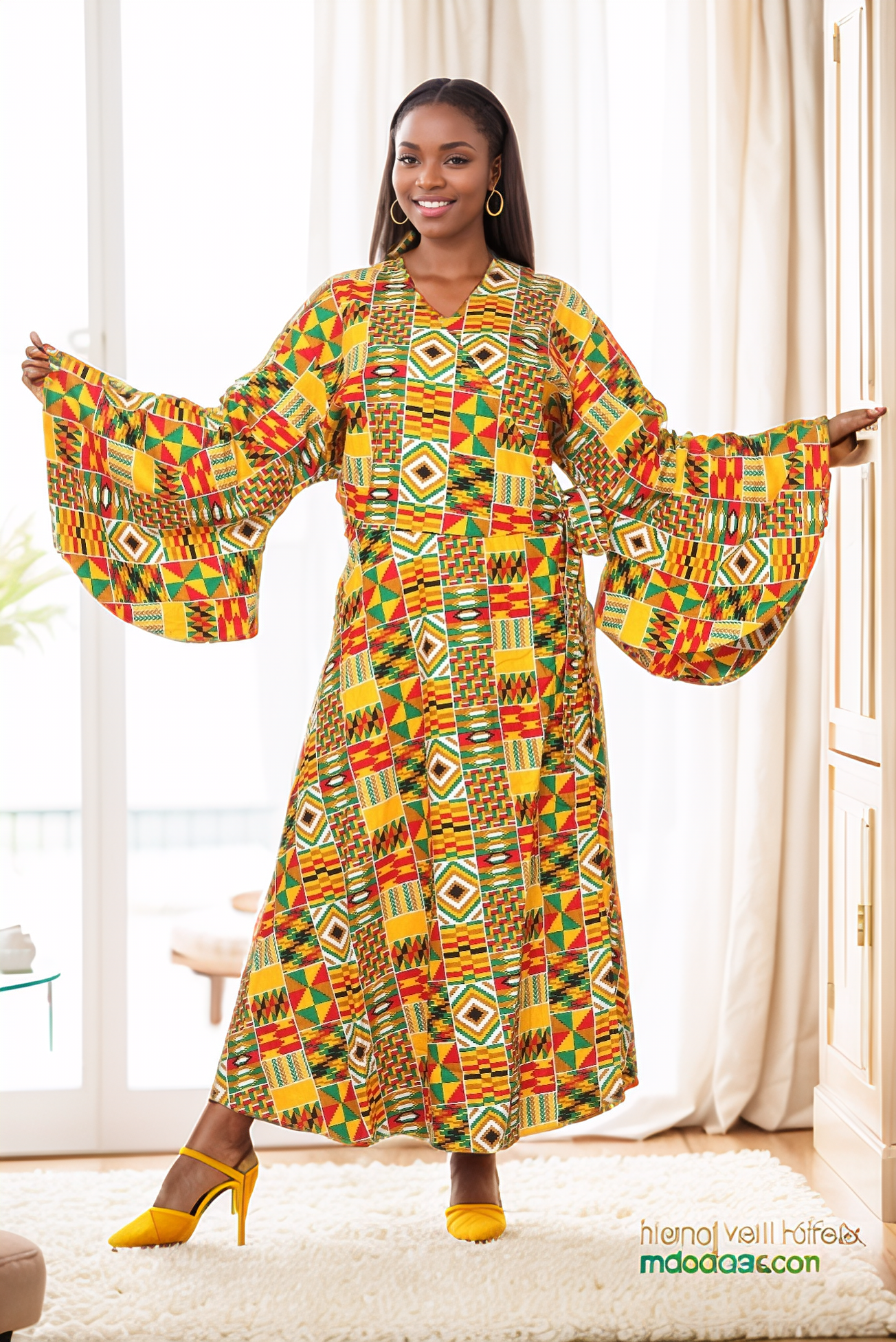 African Print Tiered V-Neck Maxi Wrap Dress (Green/Yellow/Red)