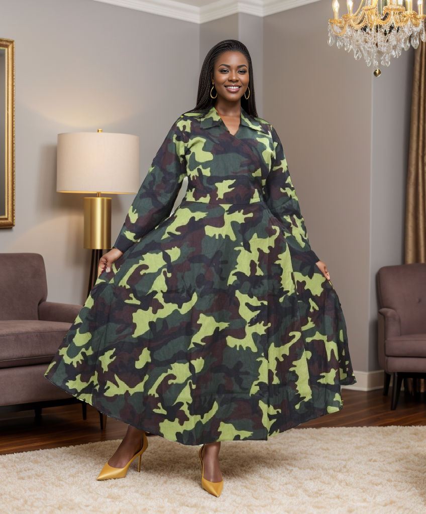 African Print Tiered V-Neck Maxi Wrap Dress (Green/Yellow/Red)