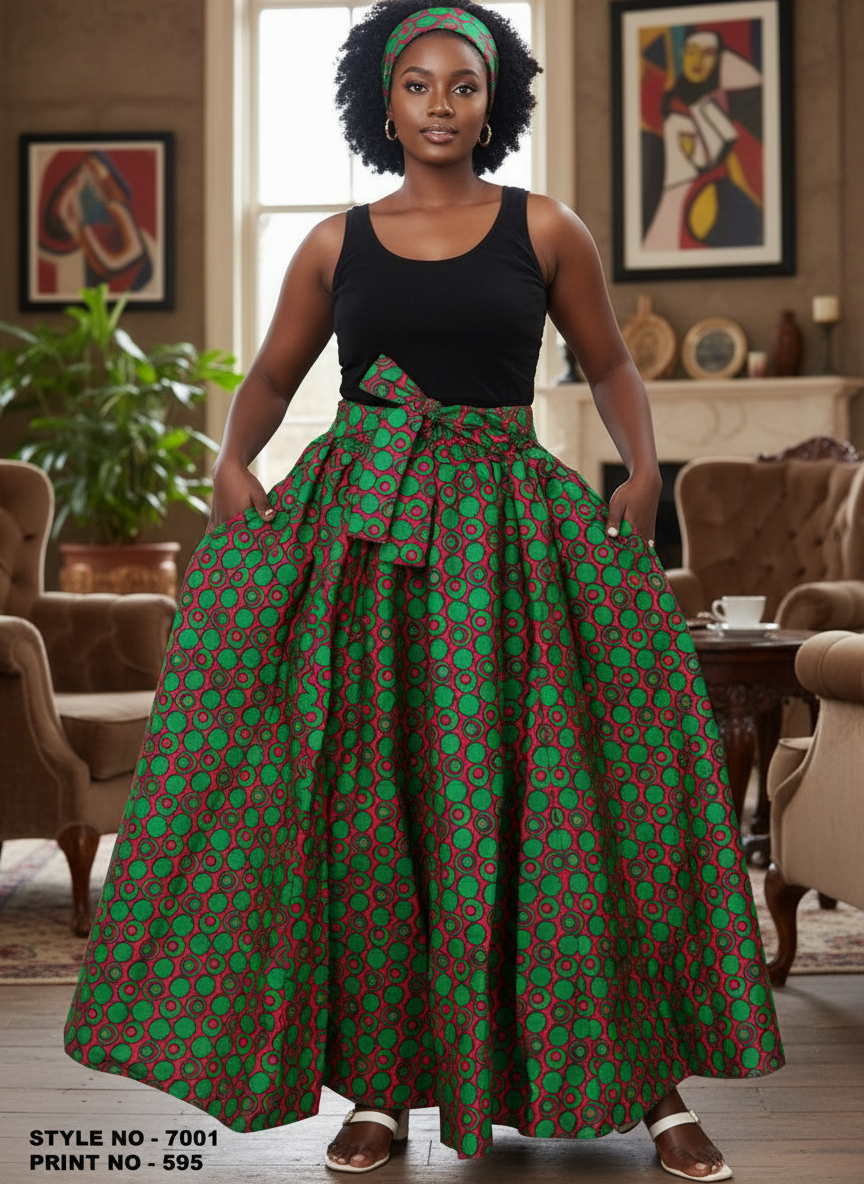 African Print Maxi Skirt with Matching Headwrap - High Waist Full Circle Skirt with Bow Belt