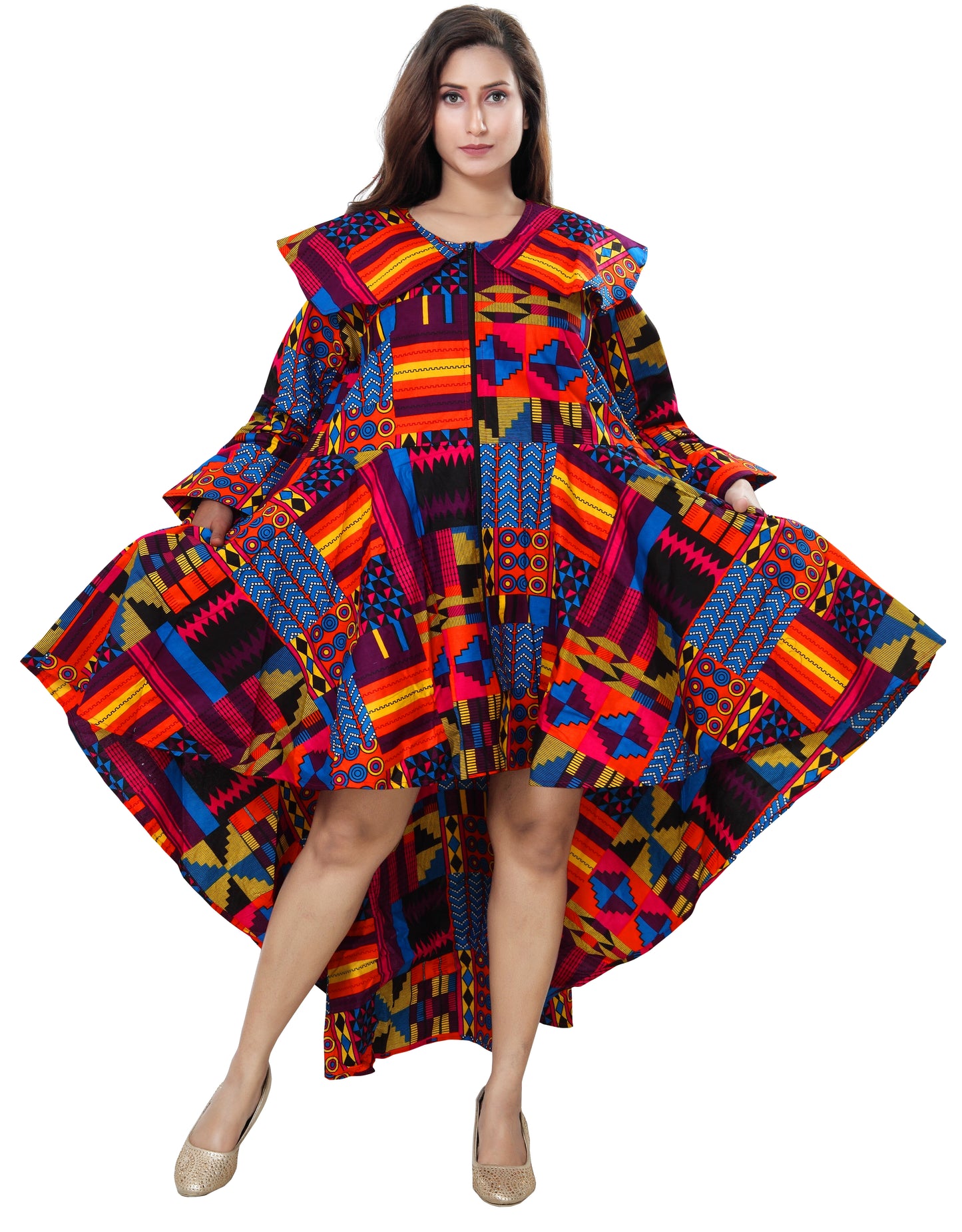 Women's African Print High-Low Zipper Dress Colorful Print