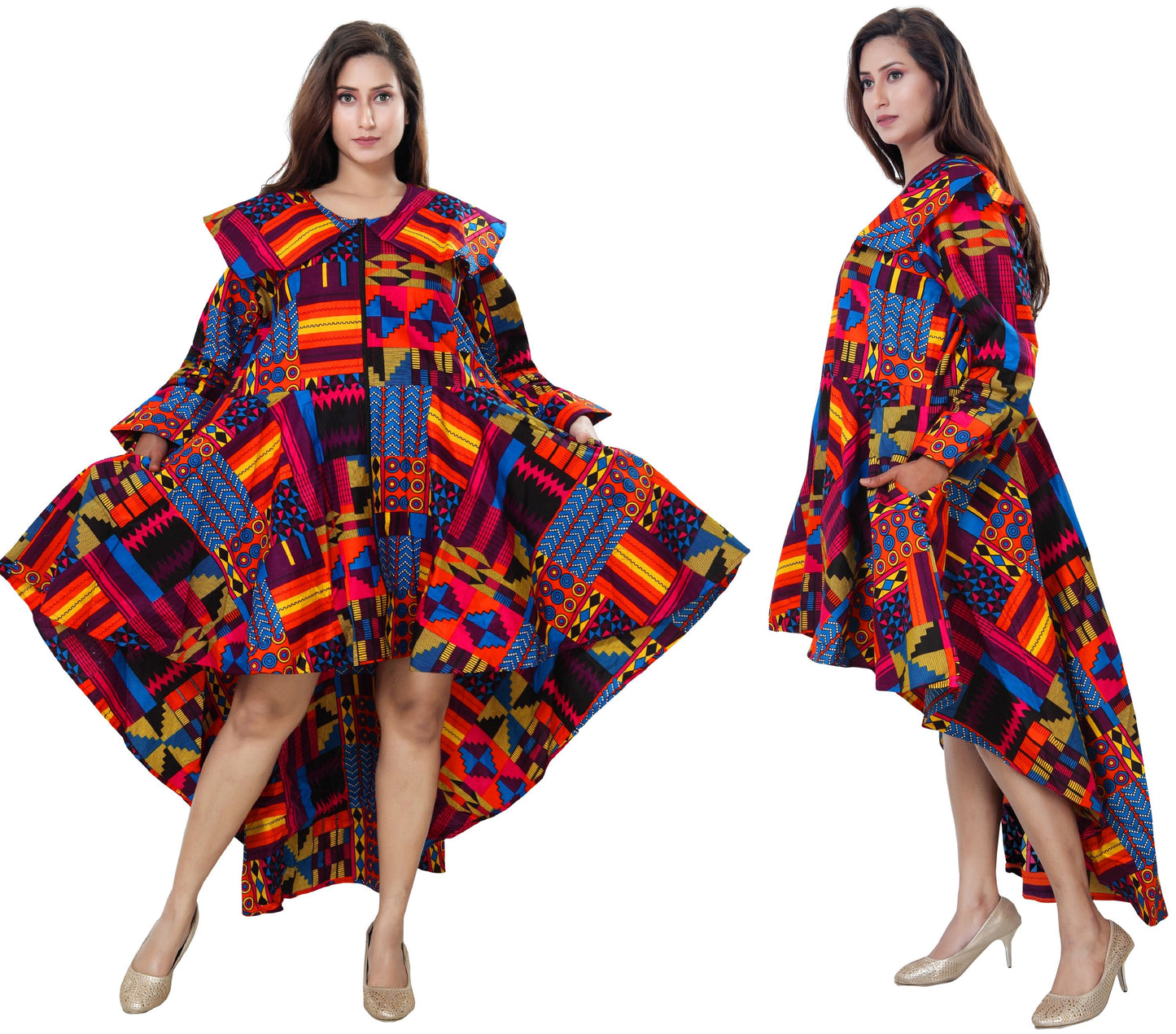 Women's African Print High-Low Zipper Dress Colorful Print