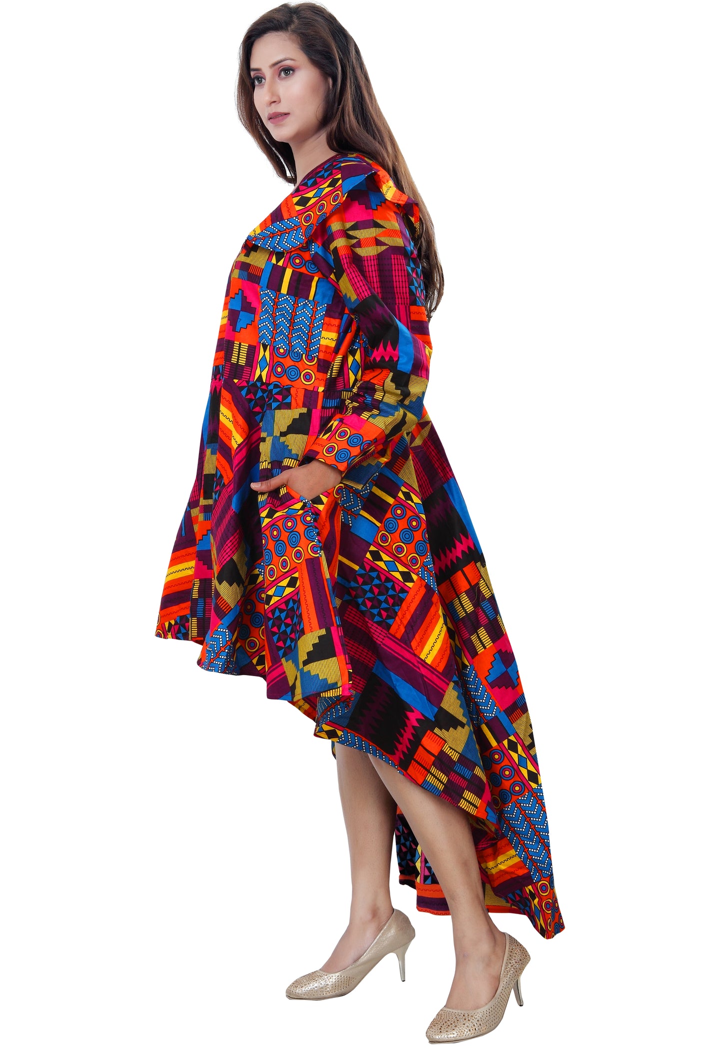 Women's African Print High-Low Zipper Dress Colorful Print