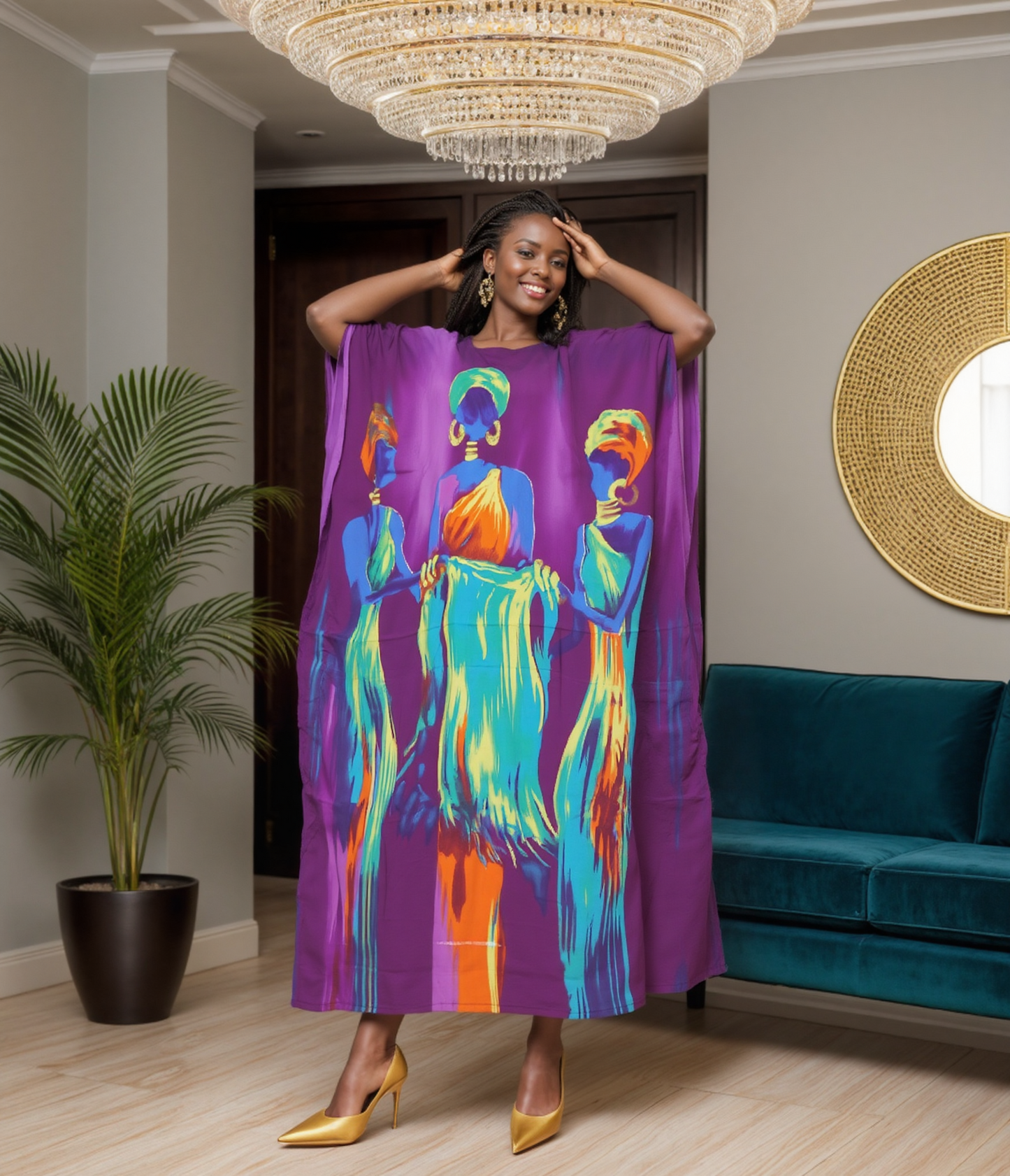 Women's African Print Dashiki Kaftan Dress (Style: PNA-1356)