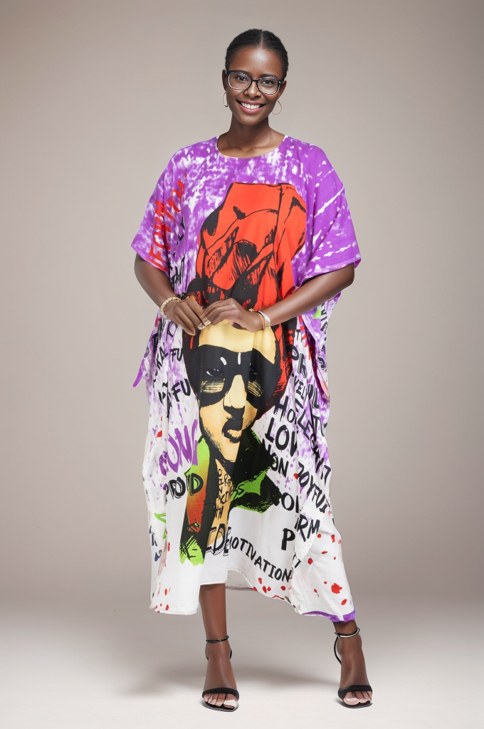 Purple & Orange Artistic Print Kaftan Dress - Oversized Maxi with Bold Graphics