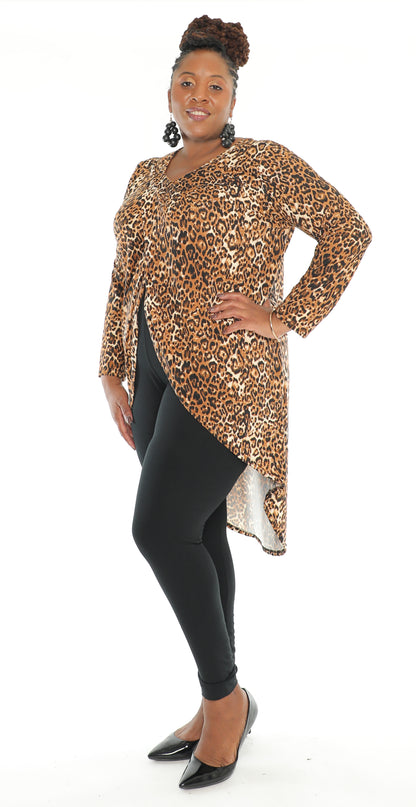 Leopard Print High-Low Tunic Top - Long Sleeve