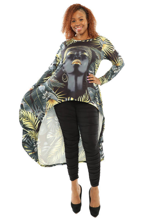 Women's Hi-Low Loose-Fit Black Digital Print Tunic Dress Full Sleeves With - One Size Fits All