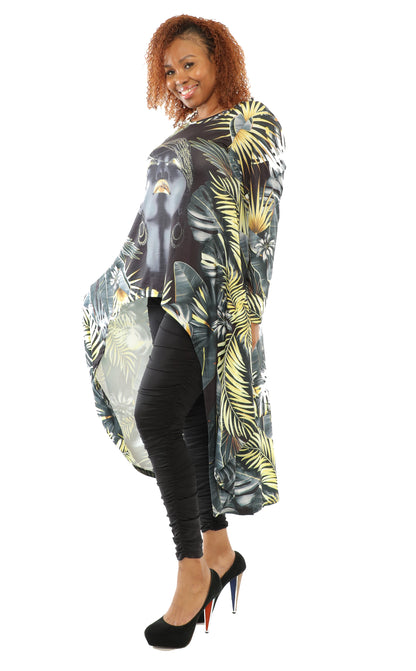 Women's Hi-Low Loose-Fit Black Digital Print Tunic Dress Full Sleeves With - One Size Fits All