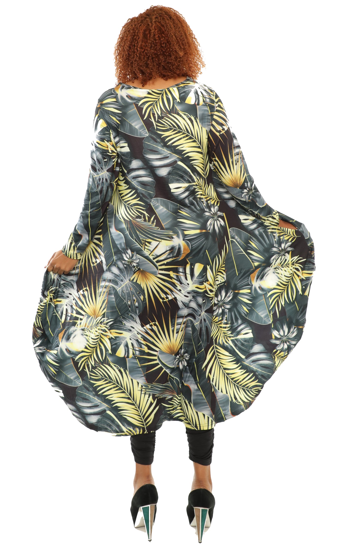Women's Hi-Low Loose-Fit Black Digital Print Tunic Dress Full Sleeves With - One Size Fits All