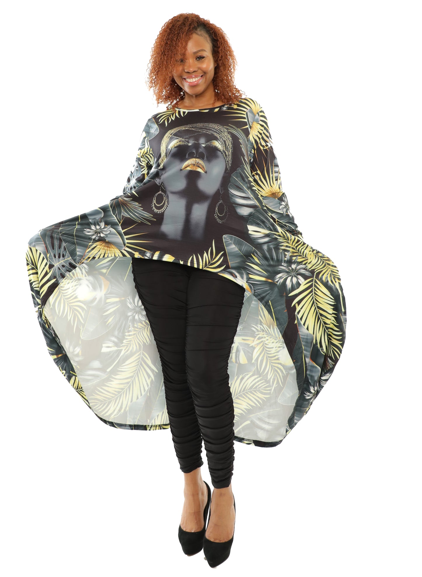 Women's Hi-Low Loose-Fit Black Digital Print Tunic Dress Full Sleeves With - One Size Fits All