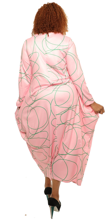 Women's Oversize Loose-Fit Pink Green Digital Print Comfortable Baggy Dress Full Sleeves With Side Pockets - One Size Fits All