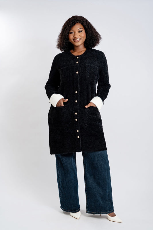 Plus Size Teddy Bear Cardigan Coat with Contrast Cuffs - Long Button-Front Fleece Jacket