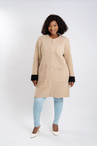 Plus Size Teddy Bear Cardigan Coat with Contrast Cuffs - Long Button-Front Fleece Jacket