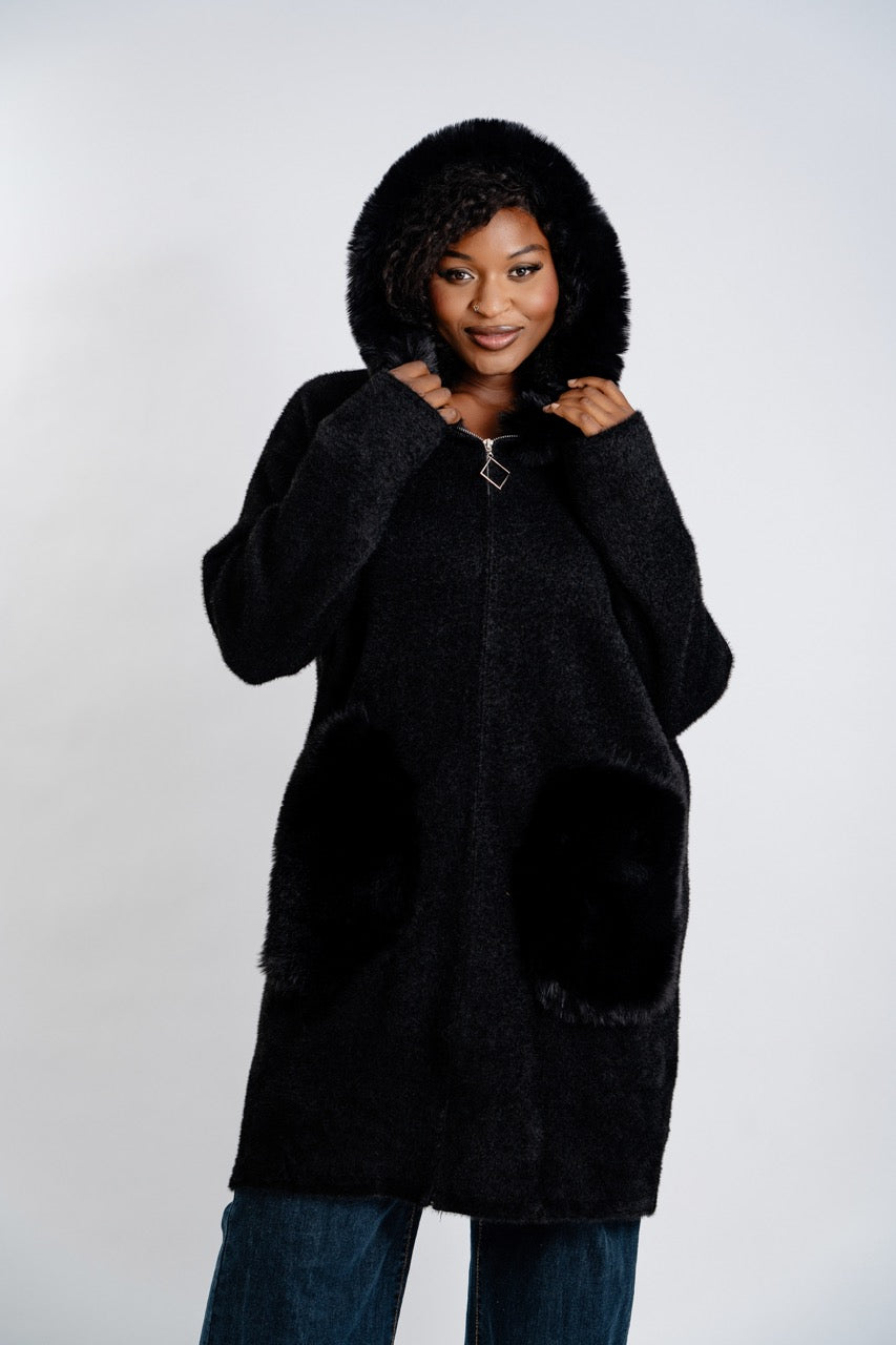 Plus Size Hooded Teddy Bear Coat with Faux Fur Trim - Long Fleece