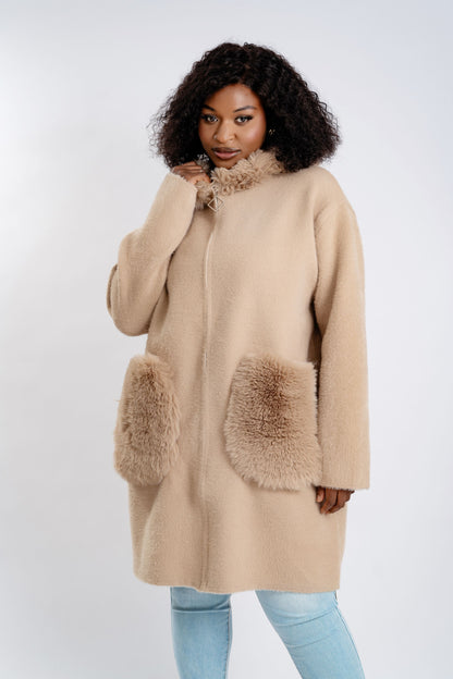 Plus Size Hooded Teddy Bear Coat with Faux Fur Trim - Long Fleece Jacket with Pockets