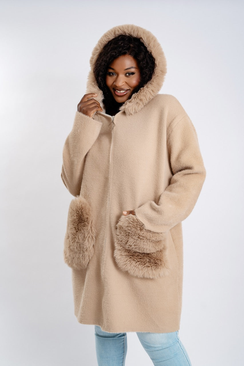 Plus Size Hooded Teddy Bear Coat with Faux Fur Trim - Long Fleece