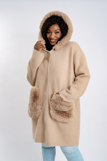 Plus Size Hooded Teddy Bear Coat with Faux Fur Trim - Long Fleece Jacket with Pockets