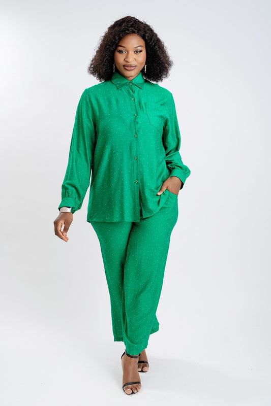 Emerald Green Swiss Dot Matching Set - Long Sleeve Shirt with Tapered Pants