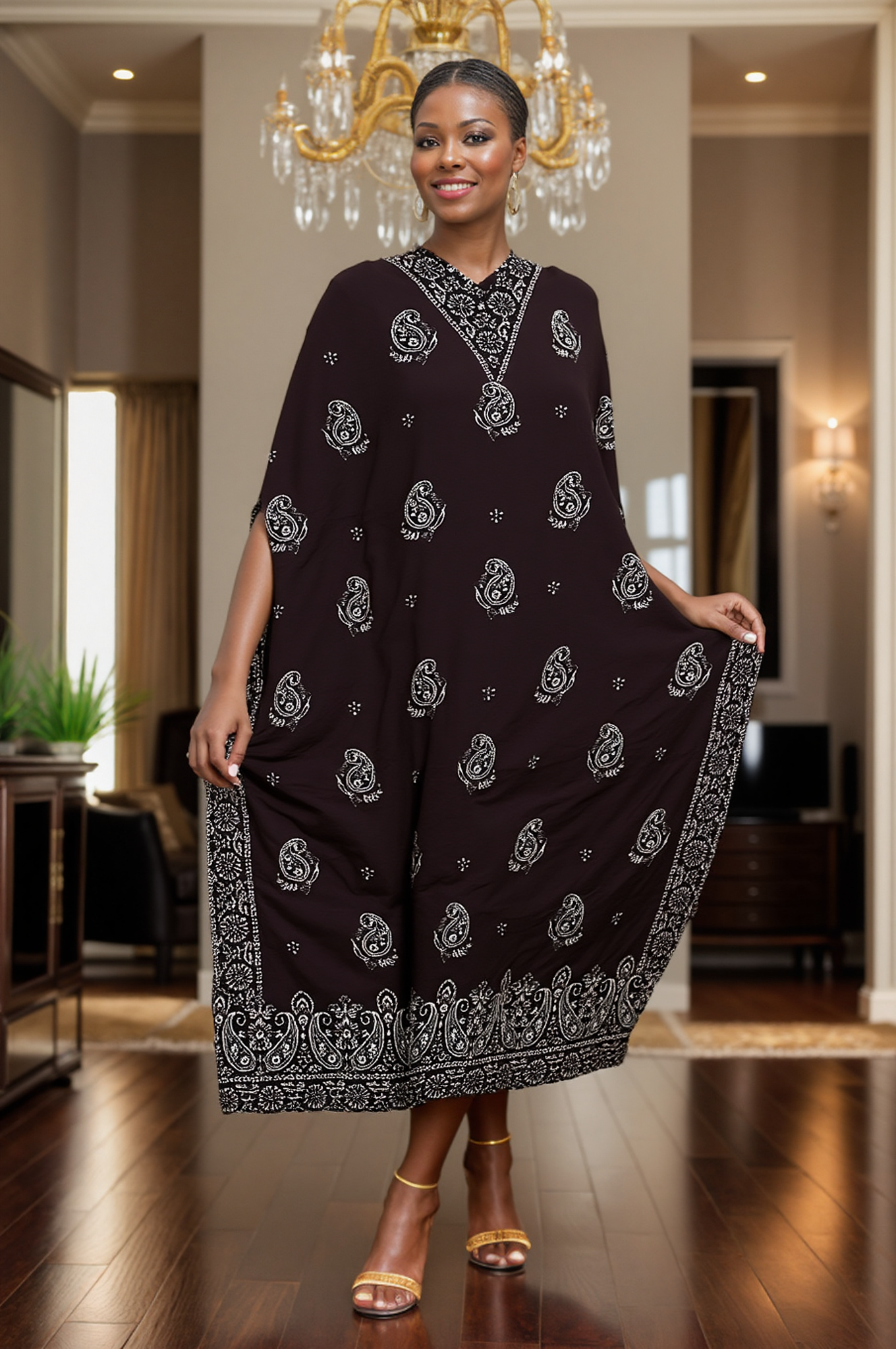 Embroidered Luxury Kaftan Dress - Gold Paisley Design (Available in 3 Colors)