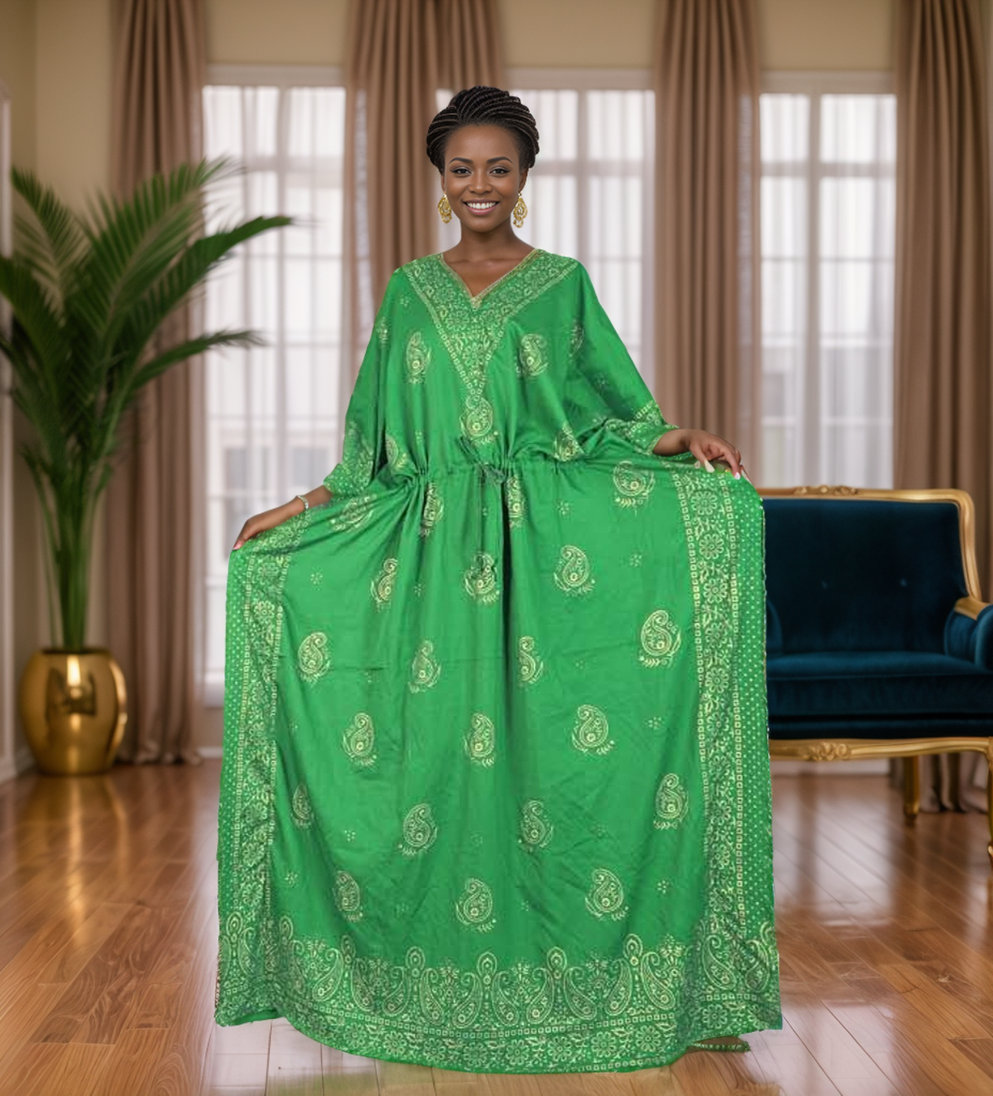 Embroidered Luxury Kaftan Dress - Gold Paisley Design (Available in 3 Colors)