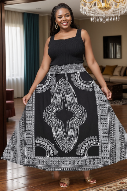Black and White Dashiki Print Maxi Skirt - High Waist A-Line African Print Skirt with Tie Belt