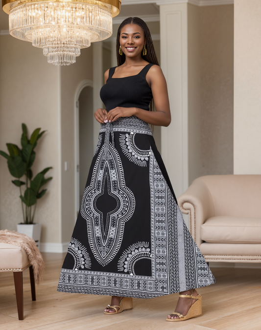 Black and White Dashiki Print Maxi Skirt - High Waist A-Line African Print Skirt with Tie Belt
