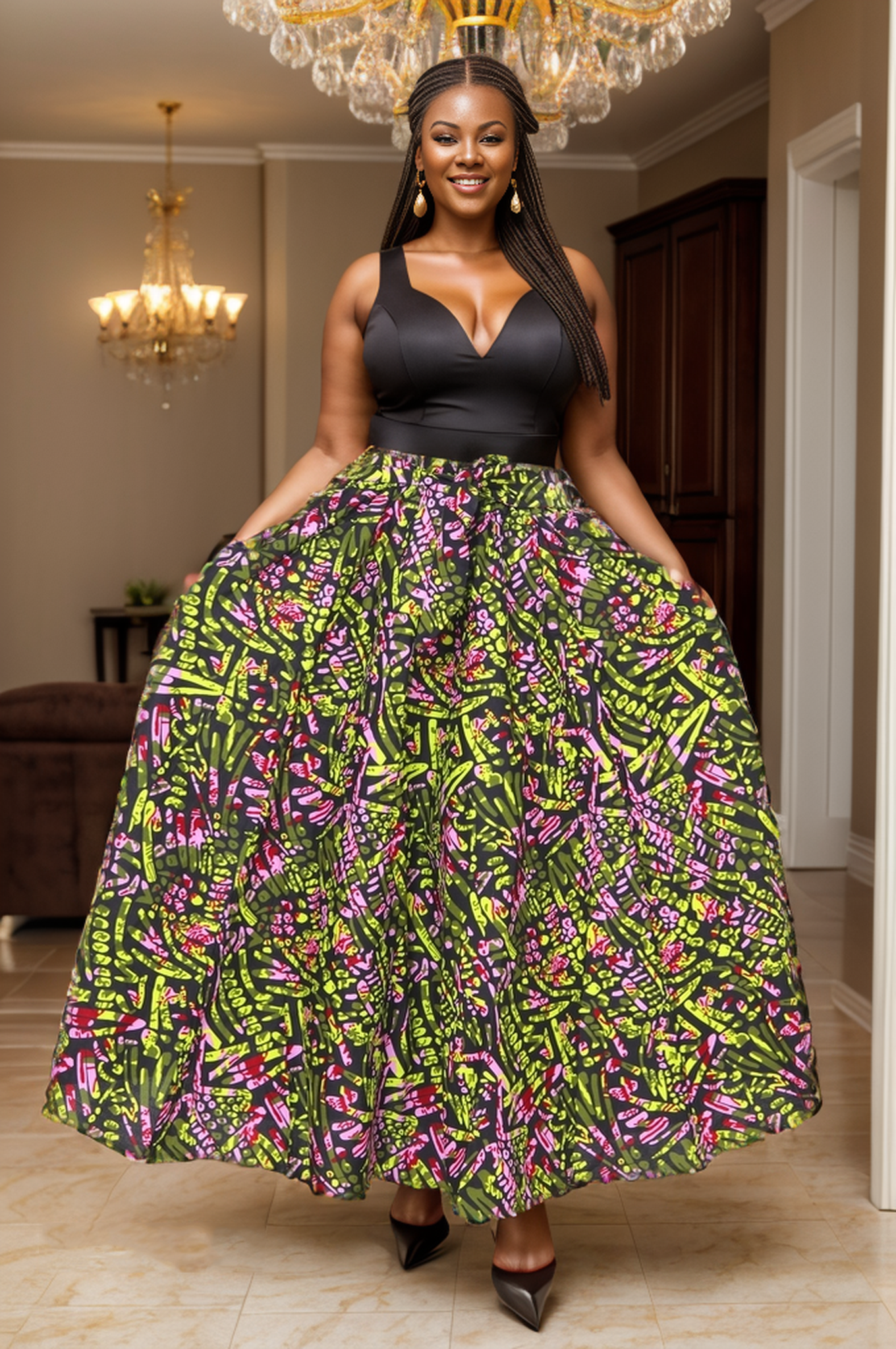African Print Maxi Skirt - High Waist Full Circle Skirt in Green and Purple Print