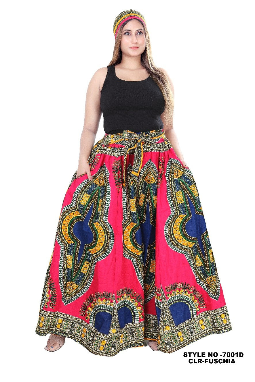 African Dashiki Print Maxi Skirt - High Waist Full Circle Skirt with Tie Belt