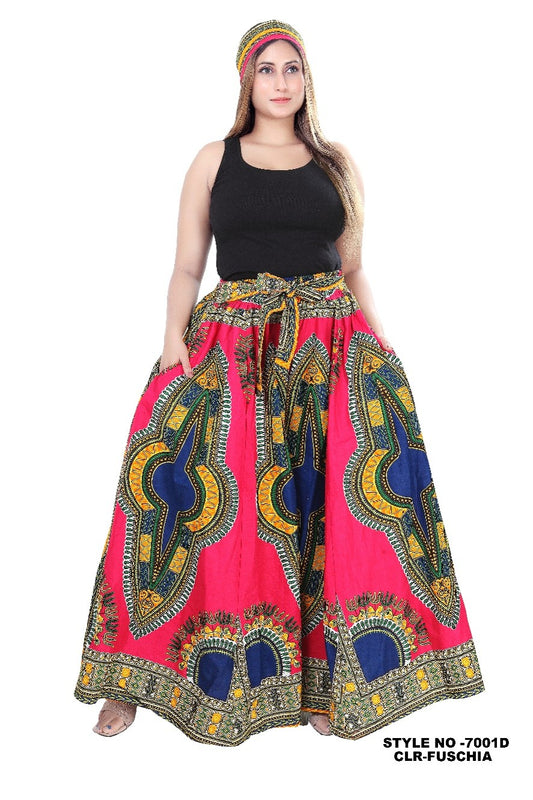 African Dashiki Print Maxi Skirt - High Waist Full Circle Skirt with Tie Belt
