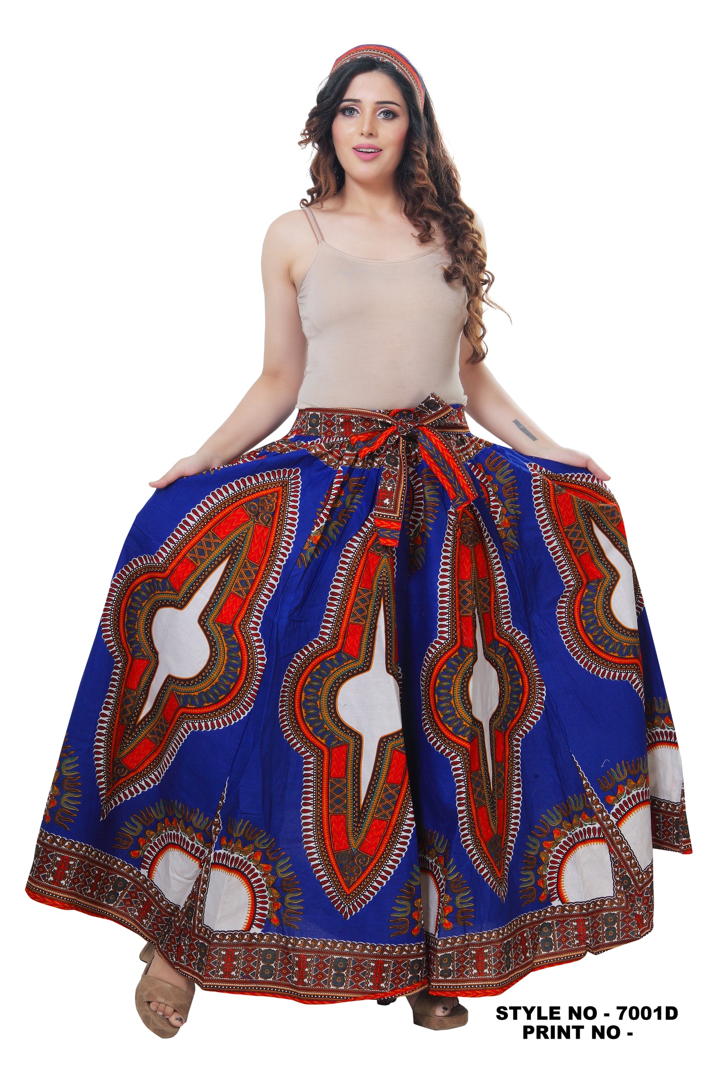African Dashiki Print Maxi Skirt - High Waist Full Circle Skirt with Tie Belt