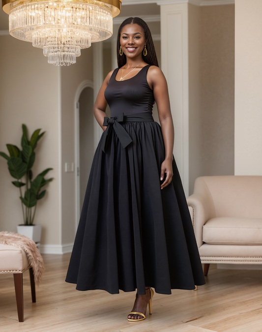 Black Maxi Skirt with Bow Belt - High Waist Full Circle A-Line Formal Skirt