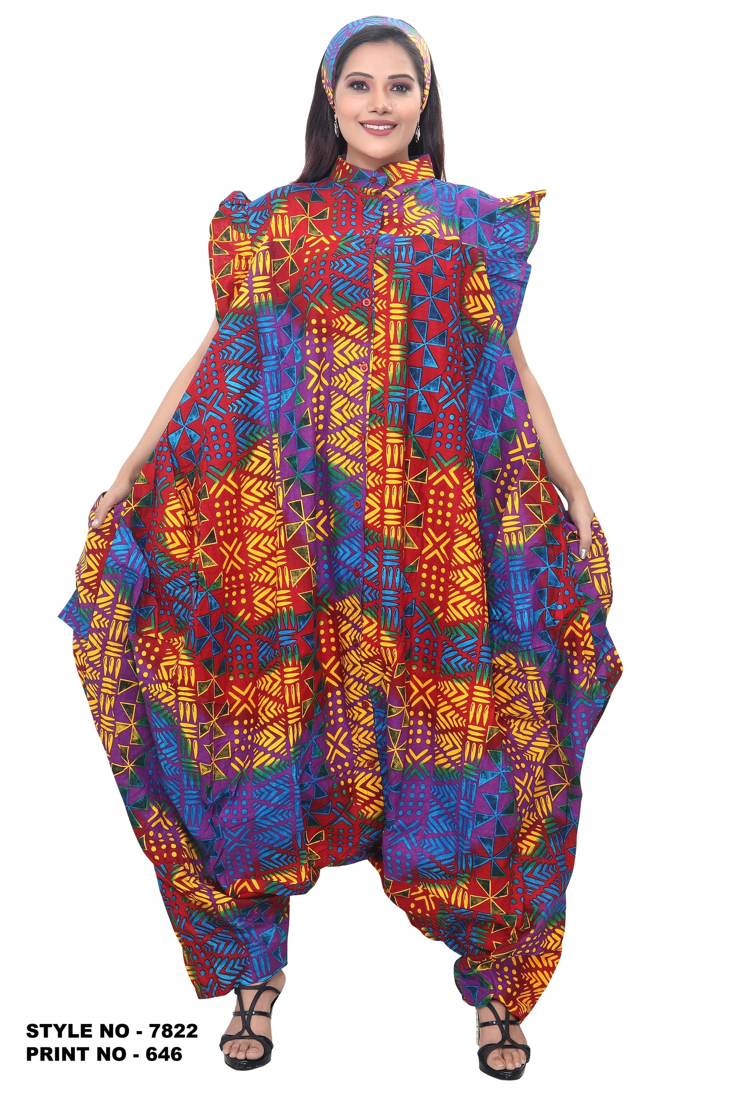 African Print Harem Jumpsuit with Head Wrap - Vibrant Tribal Pattern