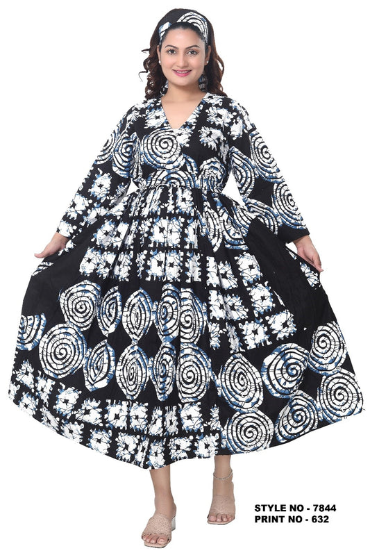 Tie-Dye Spiral Print Maxi Dress with Head Wrap - Black and White